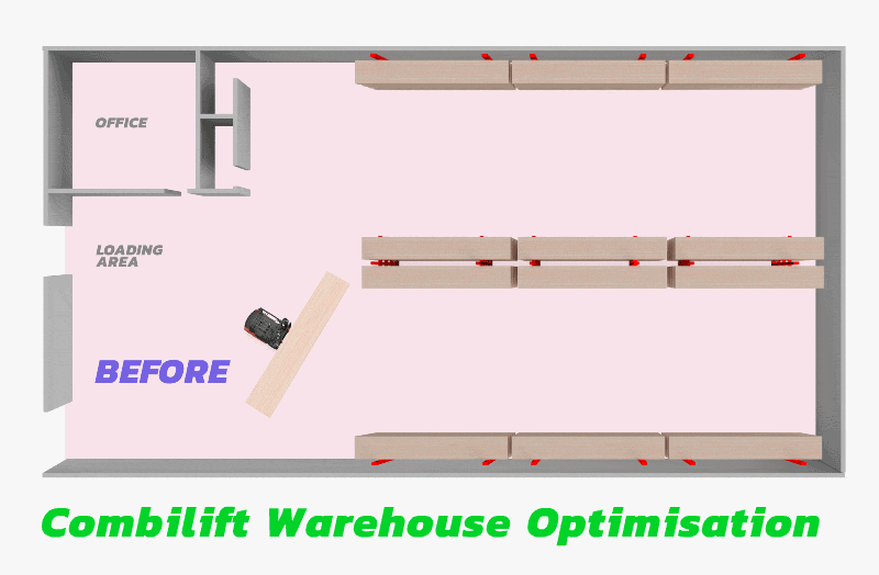 Combilift Warehouse Optimization. Shows warehouse before and after utilising Combilift Multi-directional Forklifts for narrow aisles.